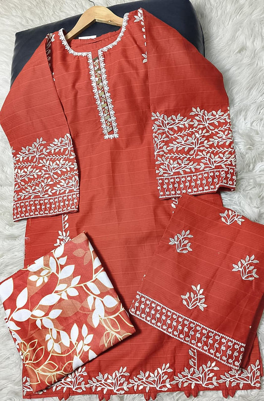 3 PIECE - EMBROIDERED COTTON SUIT WITH SHAWL