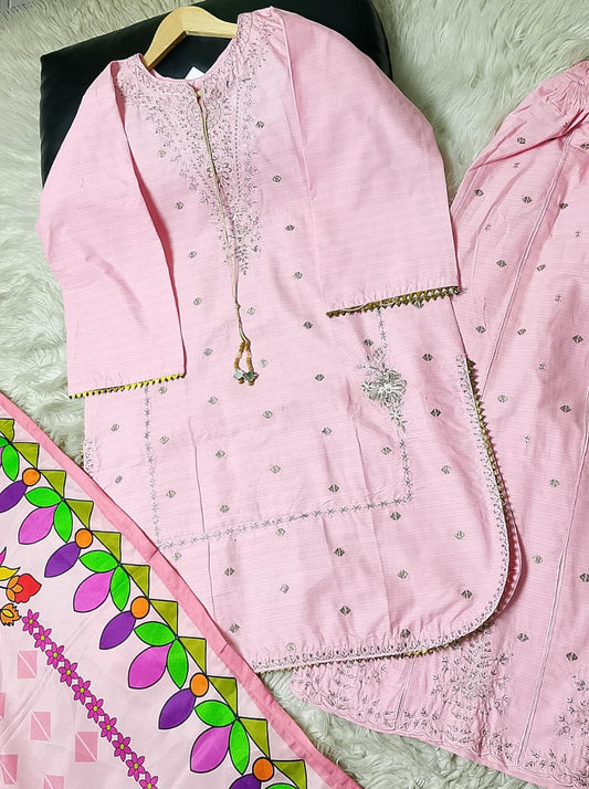 3 PIECE - EMBROIDERED COTTON SUIT WITH SHAWL