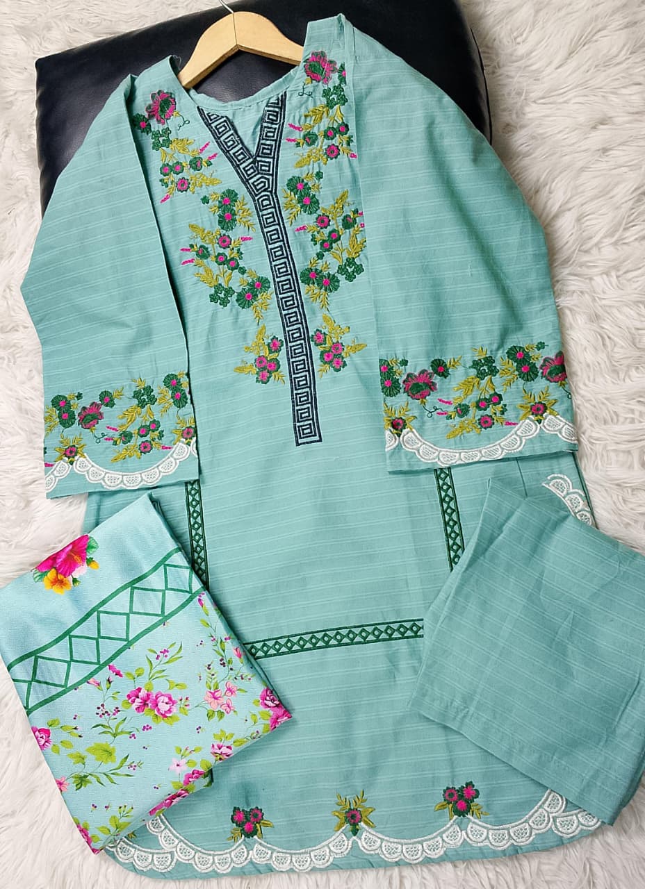 3 PIECE - EMBROIDERED COTTON SUIT WITH SHAWL