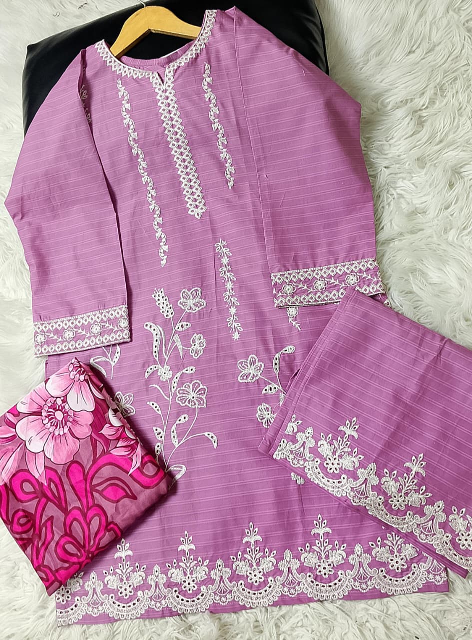 3 PIECE - EMBROIDERED COTTON SUIT WITH SHAWL