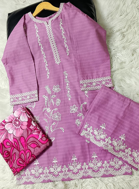 3 PIECE - EMBROIDERED COTTON SUIT WITH SHAWL