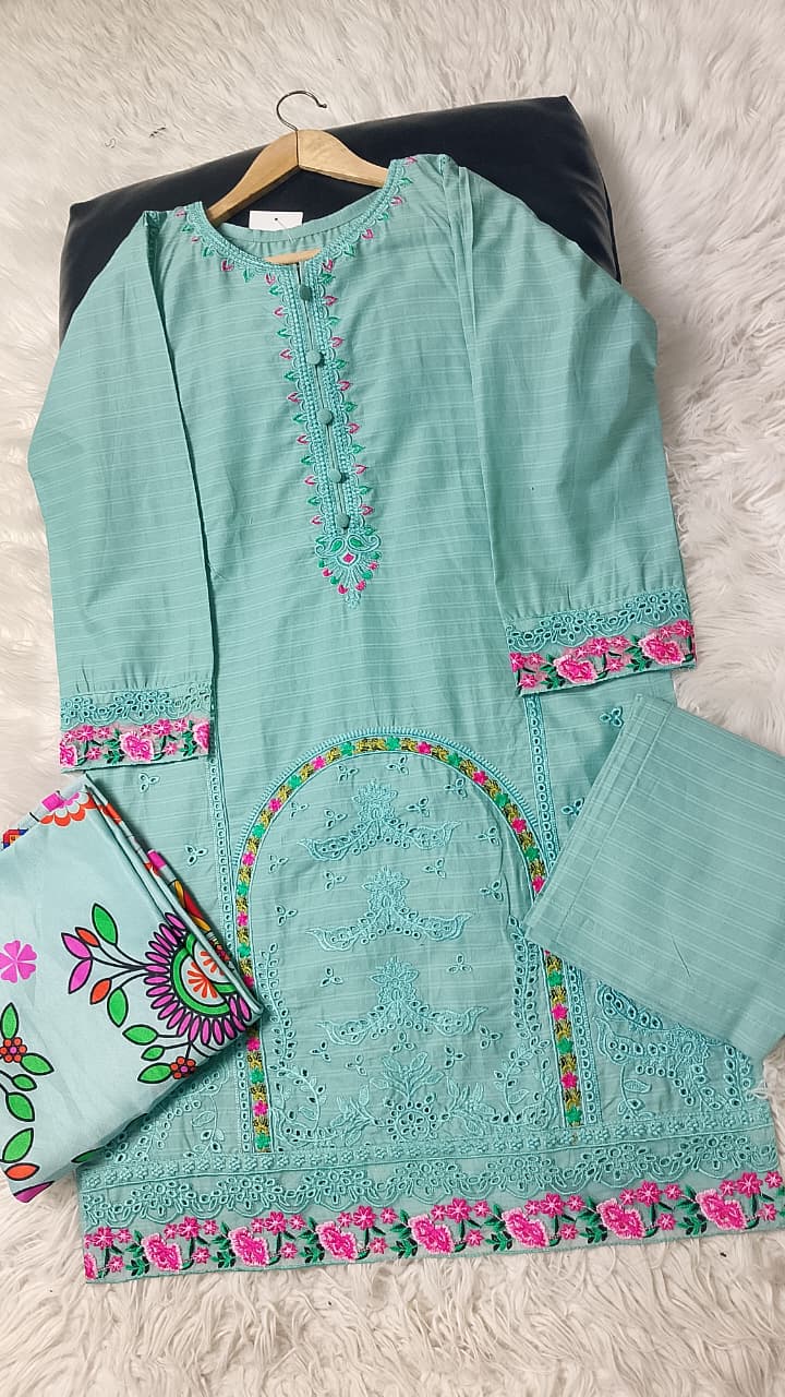 3 PIECE - EMBROIDERED COTTON SUIT WITH SHAWL