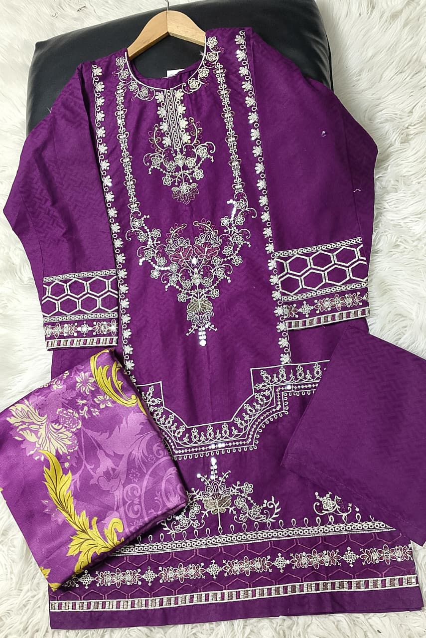 3 PIECE - EMBROIDERED COTTON SUIT WITH SHAWL