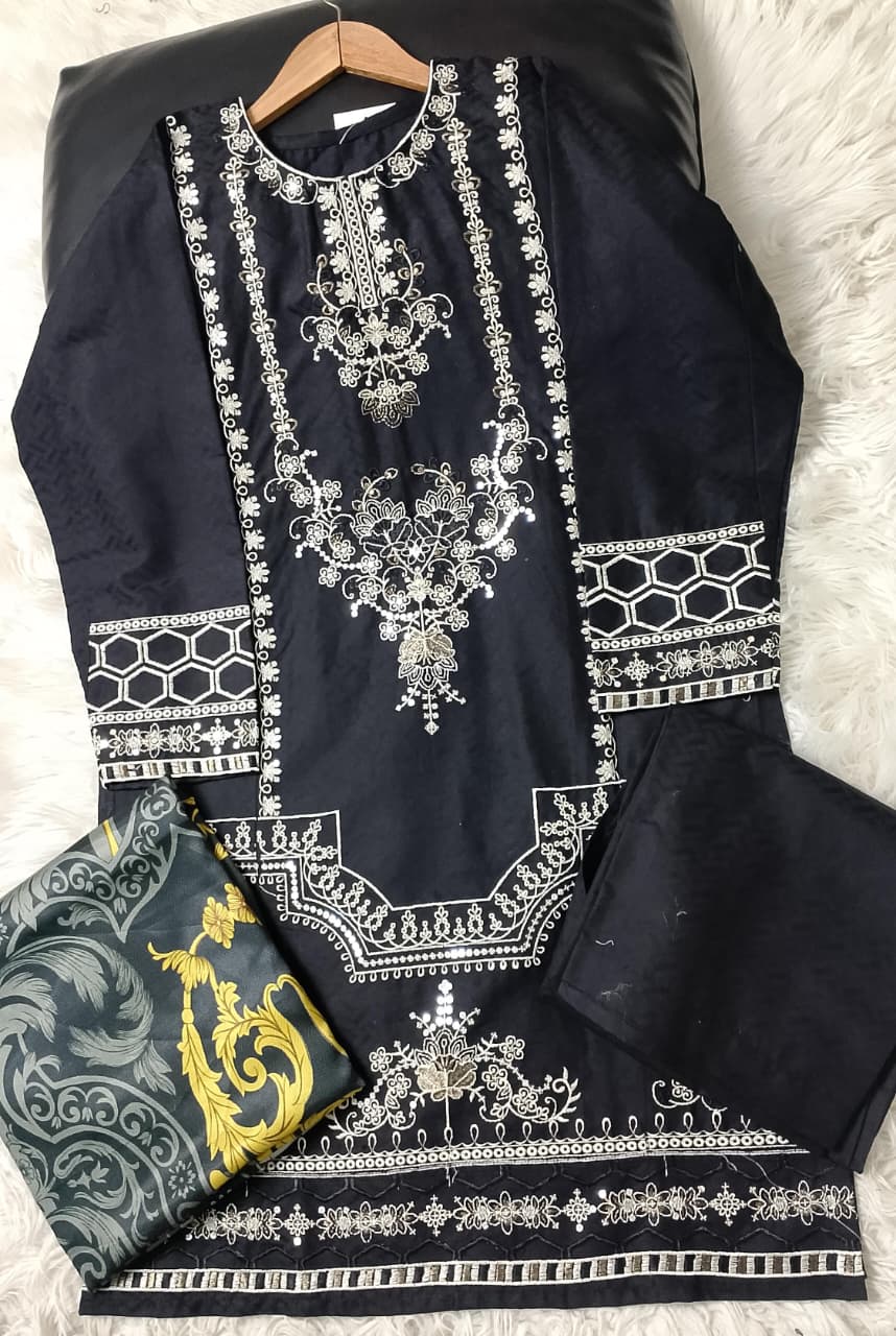 3 PIECE - EMBROIDERED COTTON SUIT WITH SHAWL