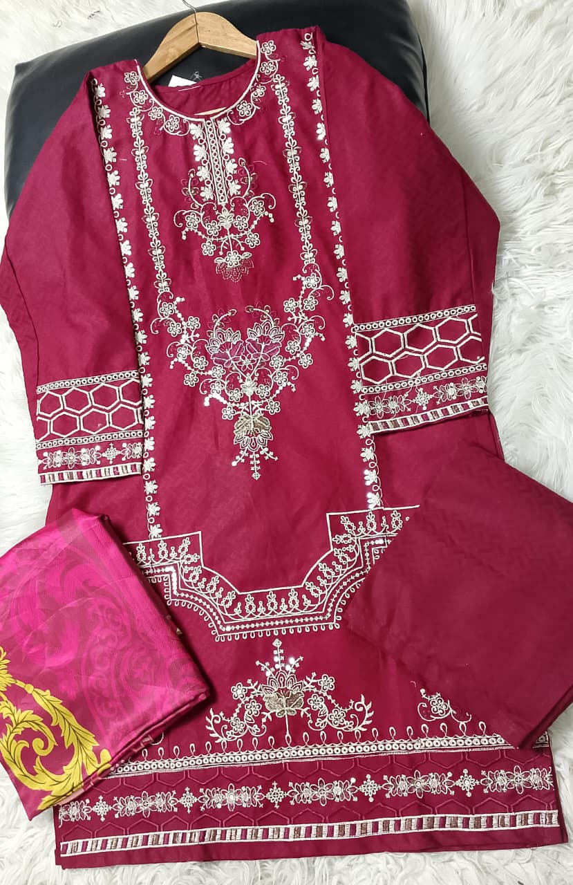 3 PIECE - EMBROIDERED COTTON SUIT WITH SHAWL