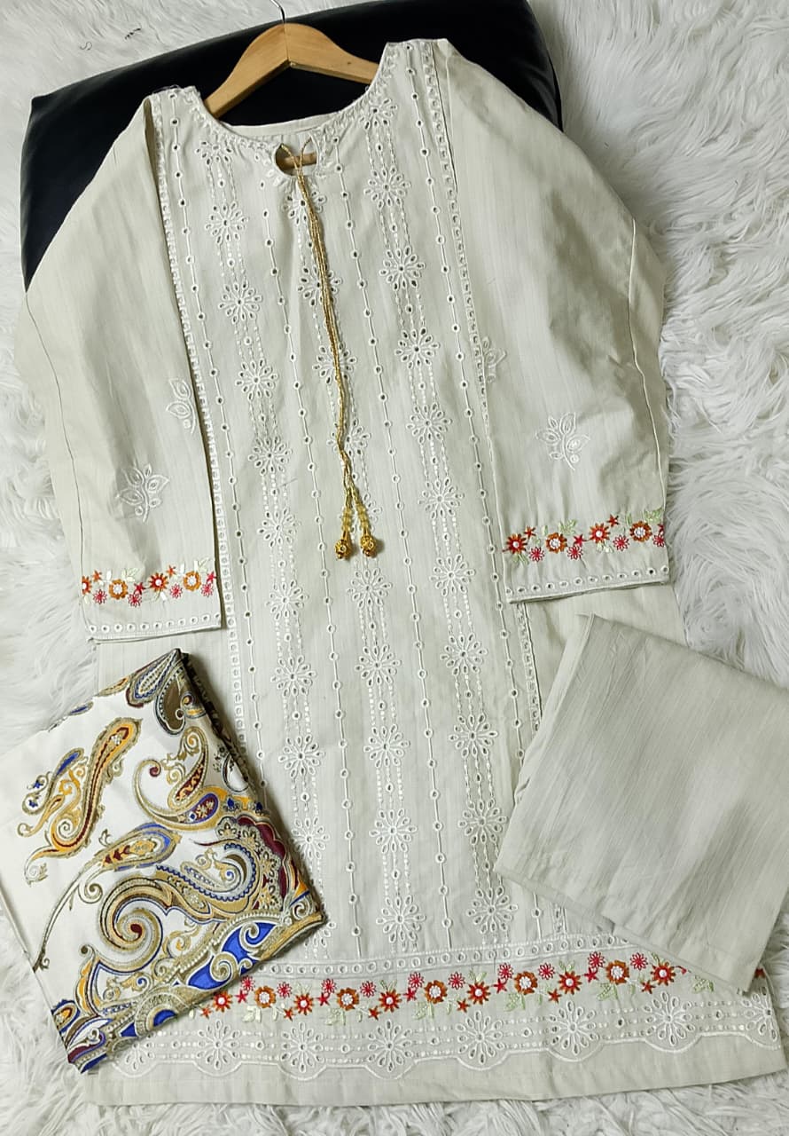3 PIECE - EMBROIDERED COTTON SUIT WITH SHAWL