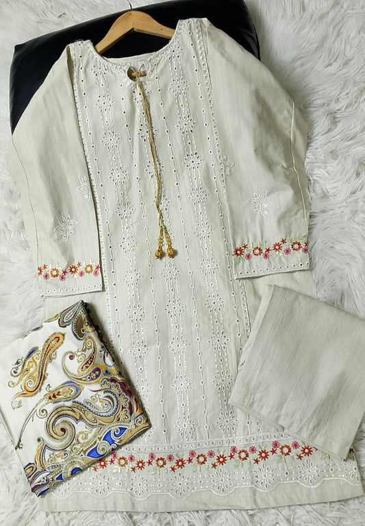 3 PIECE - EMBROIDERED COTTON SUIT WITH SHAWL