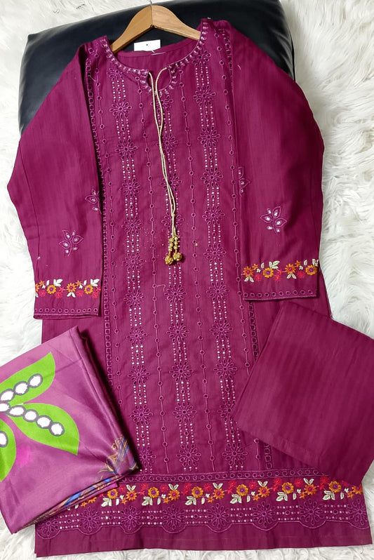 3 PIECE - EMBROIDERED COTTON SUIT WITH SHAWL