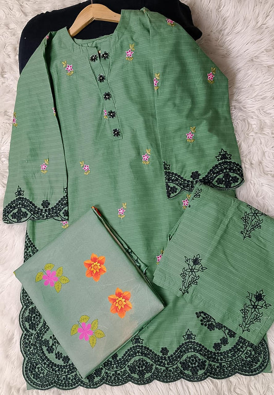 3 PIECE - EMBROIDERED COTTON SUIT WITH SHAWL
