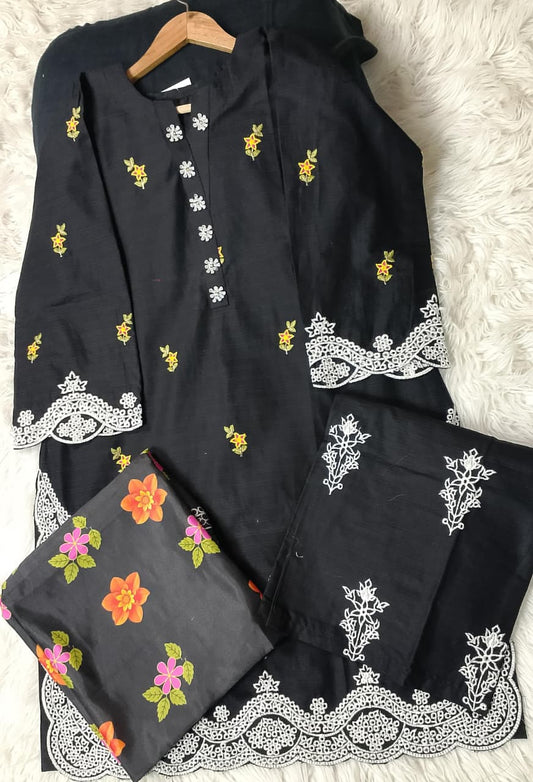 3 PIECE - EMBROIDERED COTTON SUIT WITH SHAWL