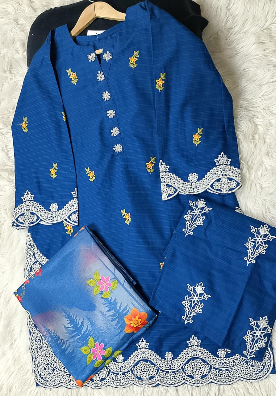 3 PIECE - EMBROIDERED COTTON SUIT WITH SHAWL