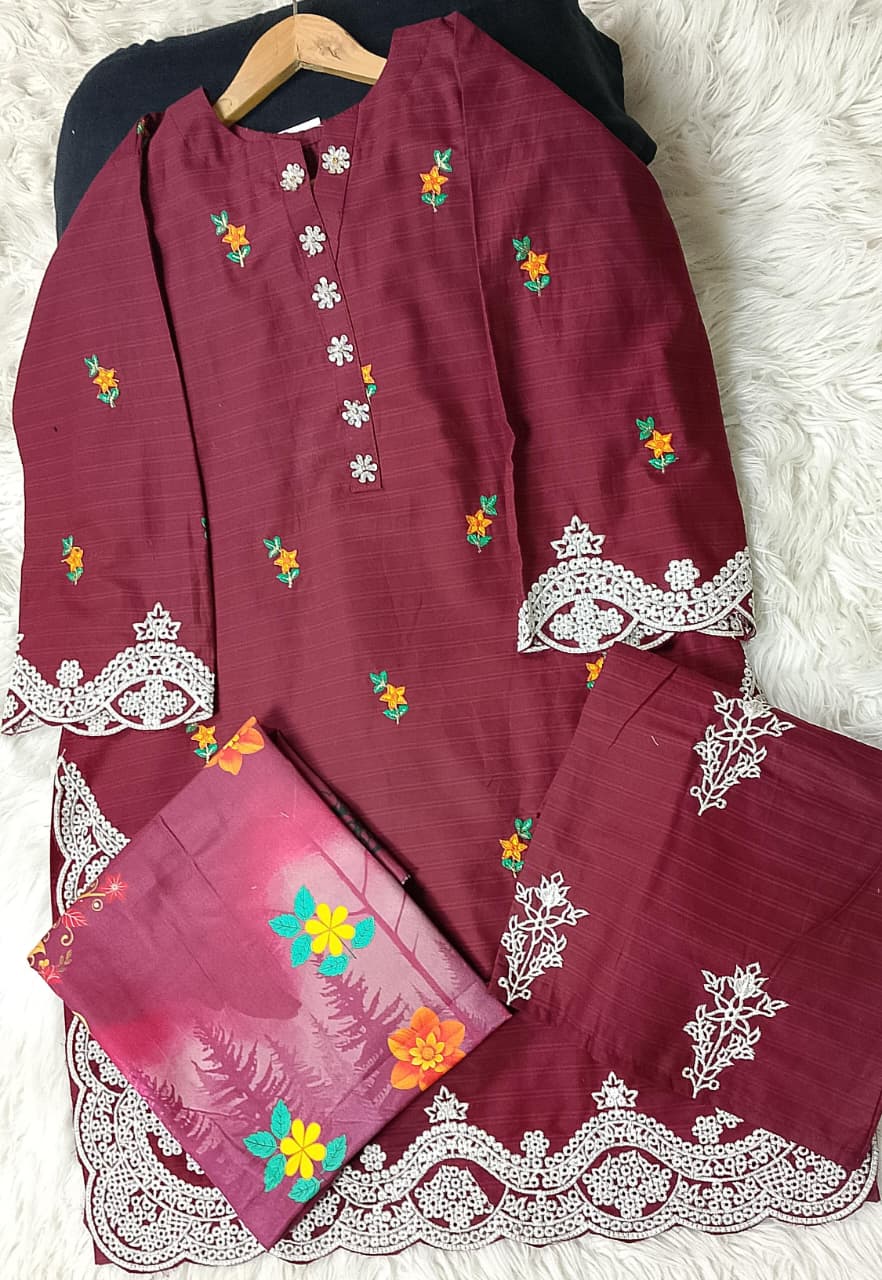 3 PIECE - EMBROIDERED COTTON SUIT WITH SHAWL