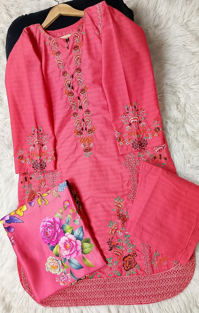 3 PIECE - EMBROIDERED COTTON SUIT WITH SHAWL