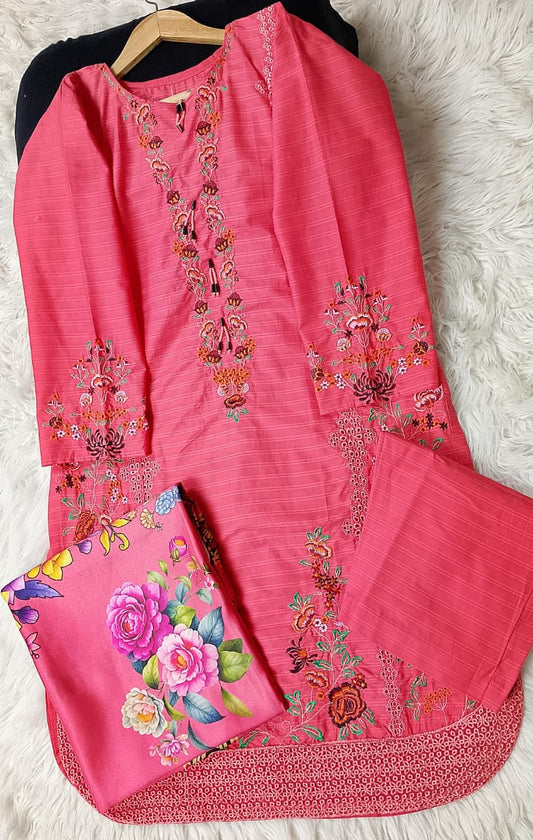 3 PIECE - EMBROIDERED COTTON SUIT WITH SHAWL