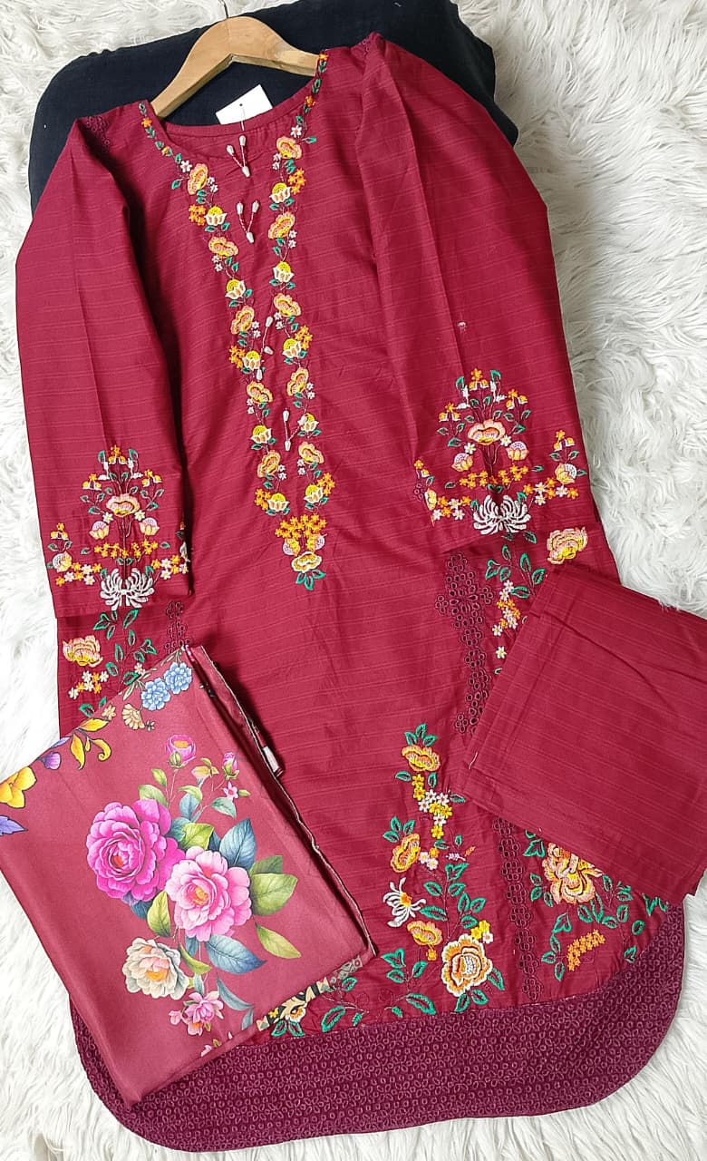 3 PIECE - EMBROIDERED COTTON SUIT WITH SHAWL