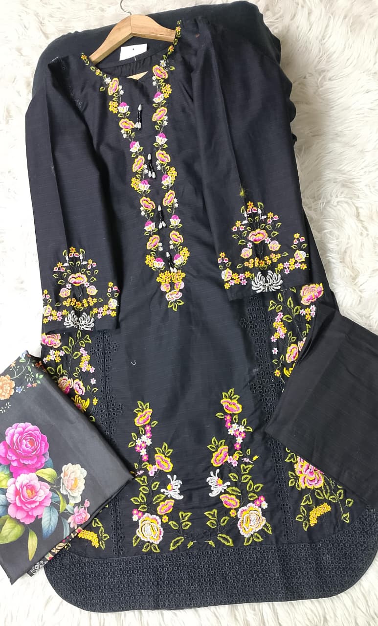 3 PIECE - EMBROIDERED COTTON SUIT WITH SHAWL