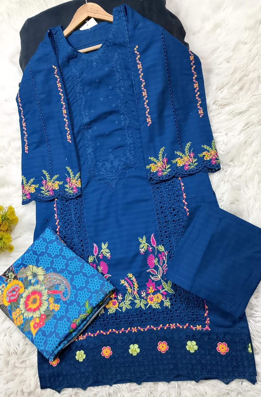 3 PIECE - EMBROIDERED COTTON SUIT WITH SHAWL