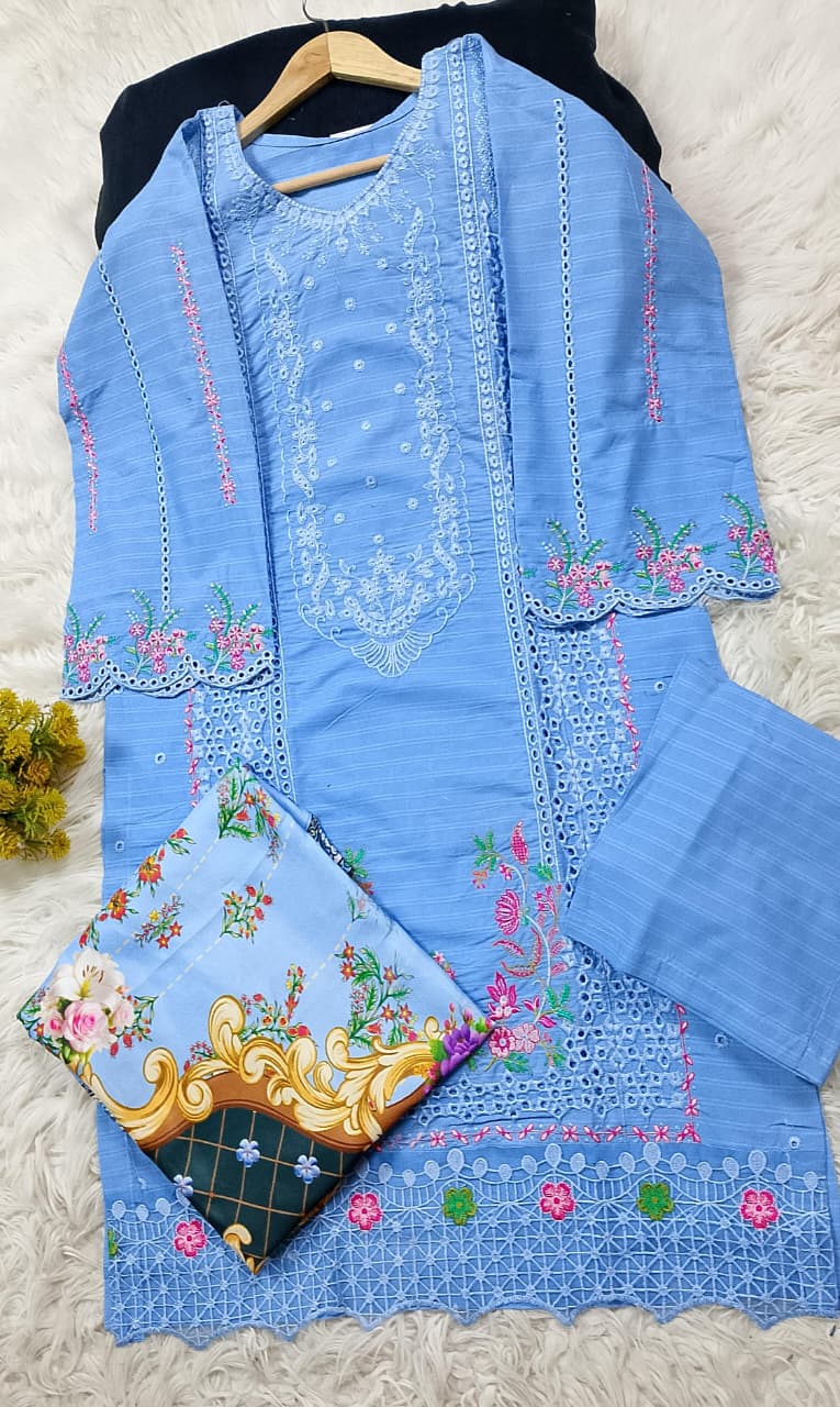 3 PIECE - EMBROIDERED COTTON SUIT WITH SHAWL