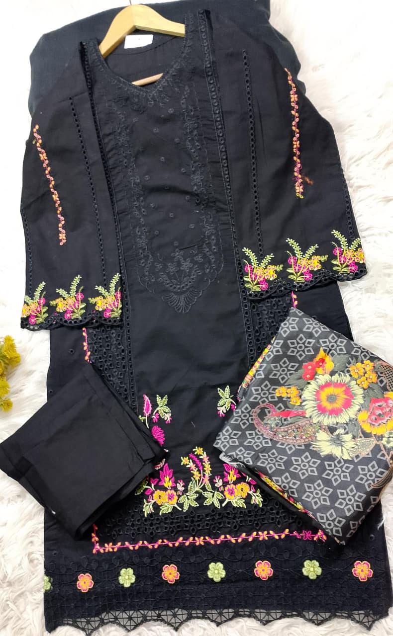 3 PIECE - EMBROIDERED COTTON SUIT WITH SHAWL
