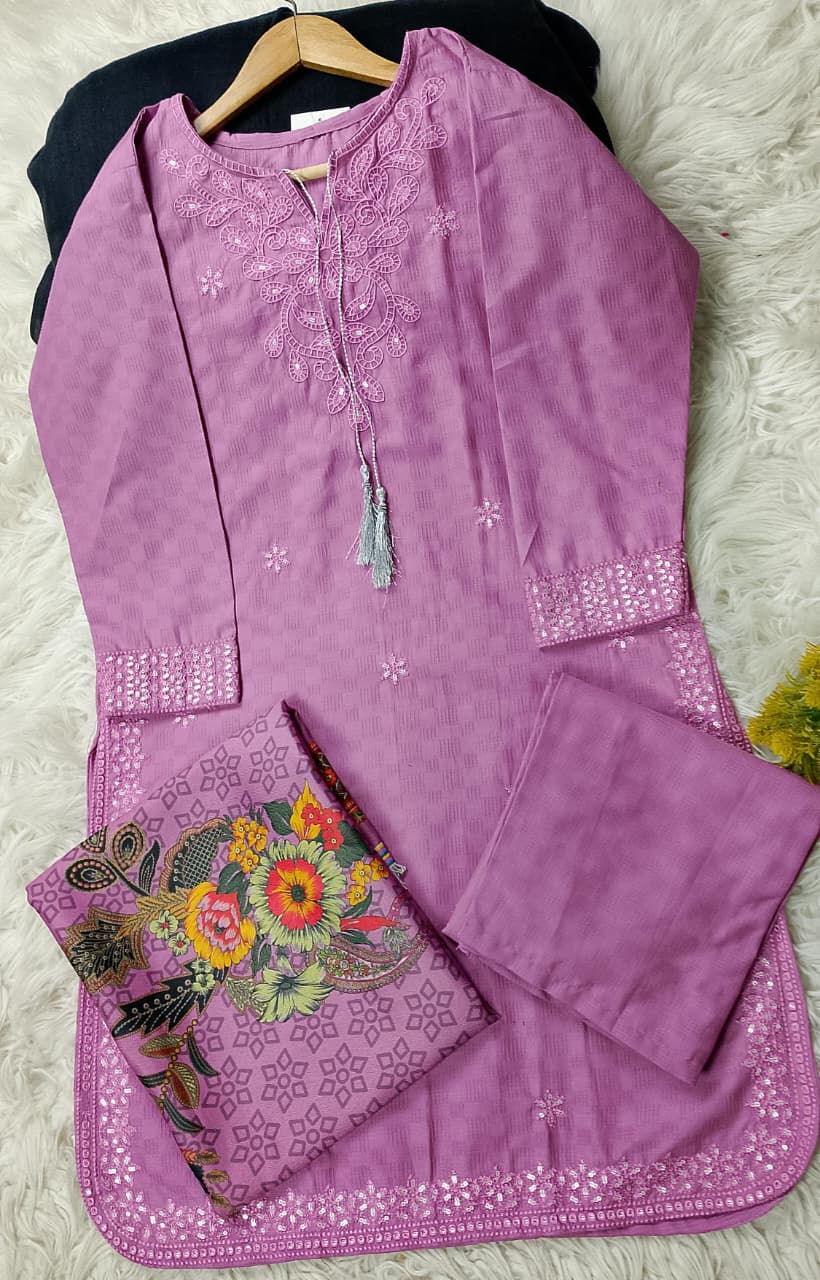 3 PIECE - EMBROIDERED COTTON SUIT WITH SHAWL