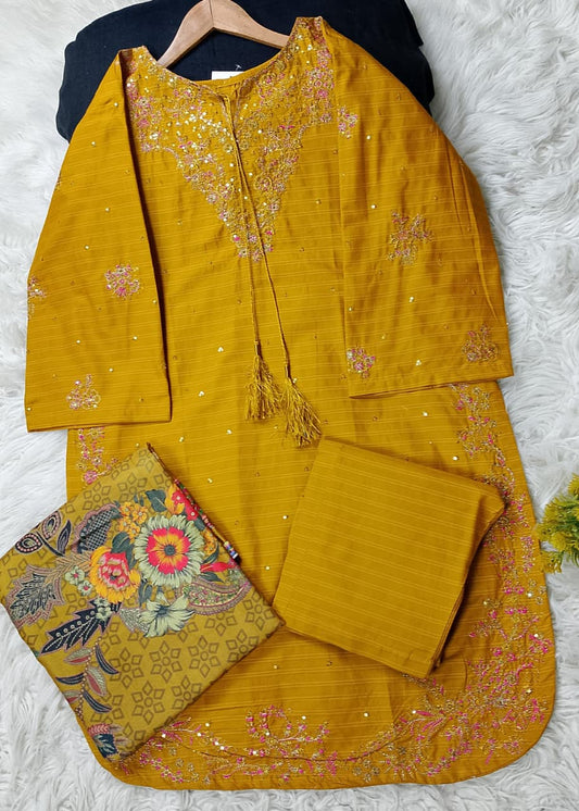 3 PIECE - EMBROIDERED COTTON SUIT WITH SHAWL