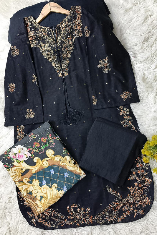 3 PIECE - EMBROIDERED COTTON SUIT WITH SHAWL