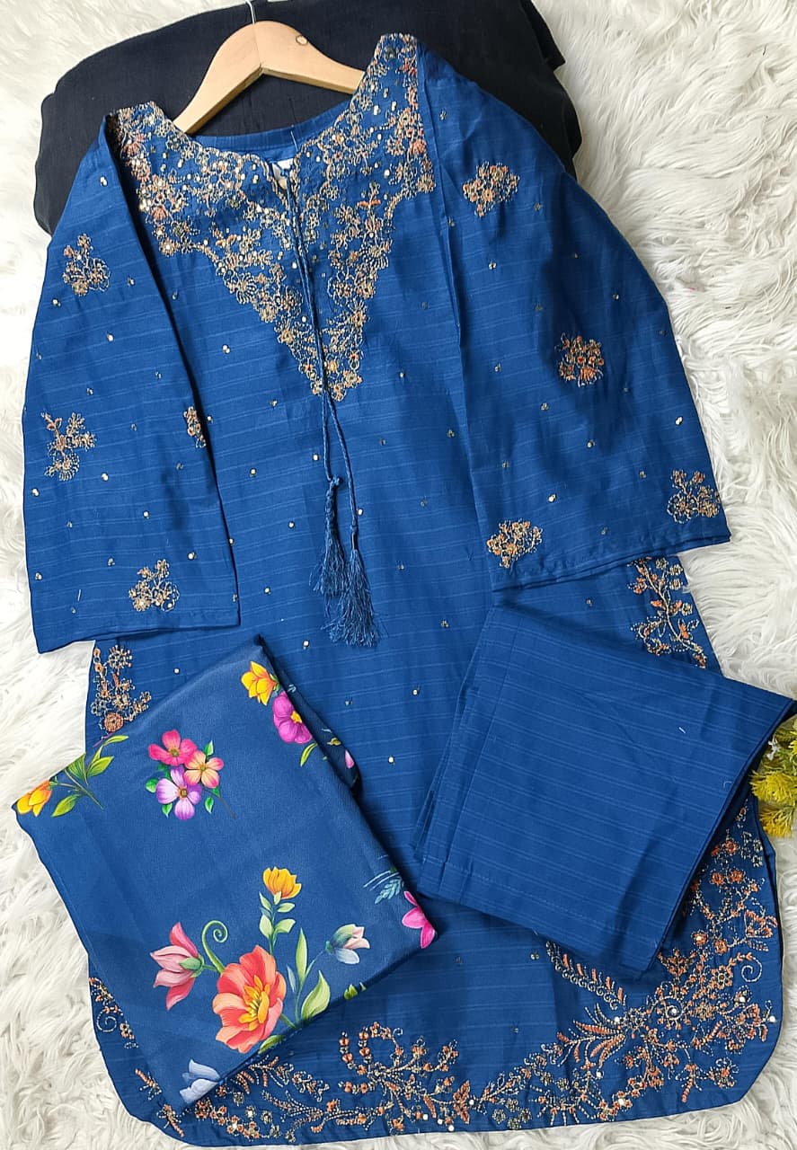 3 PIECE - EMBROIDERED COTTON SUIT WITH SHAWL