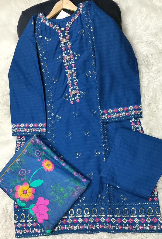 3 PIECE - EMBROIDERED COTTON SUIT WITH SHAWL