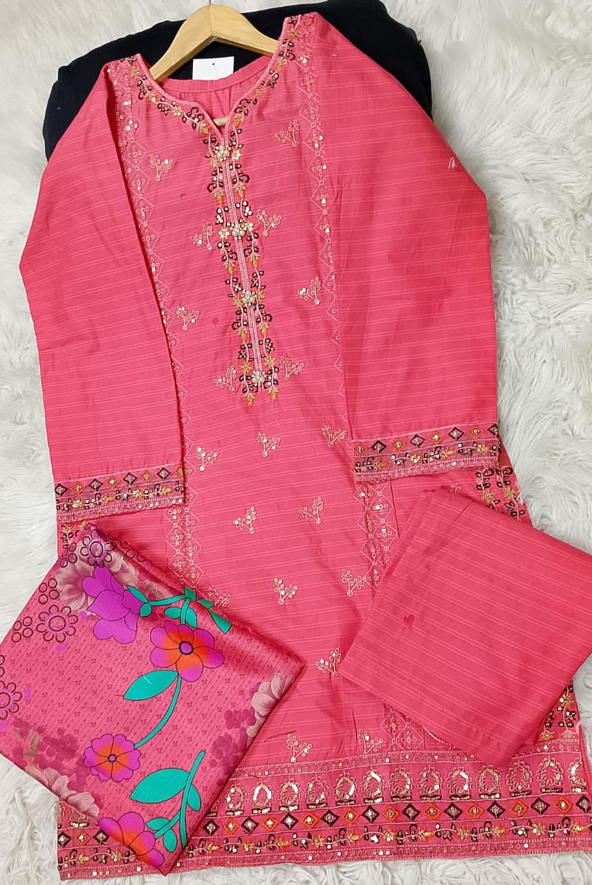 3 PIECE - EMBROIDERED COTTON SUIT WITH SHAWL