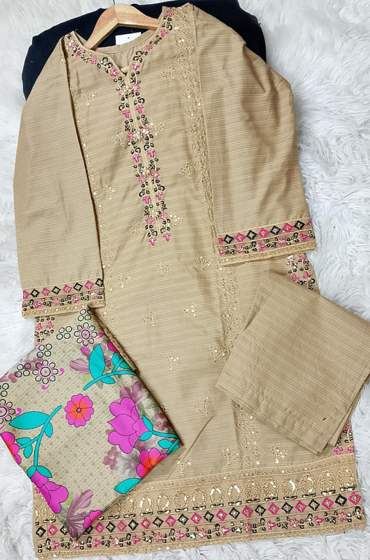 3 PIECE - EMBROIDERED COTTON SUIT WITH SHAWL