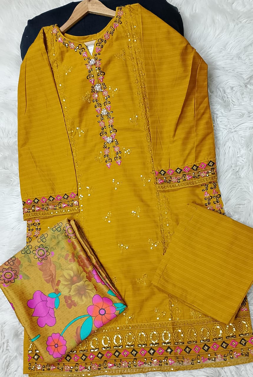 3 PIECE - EMBROIDERED COTTON SUIT WITH SHAWL