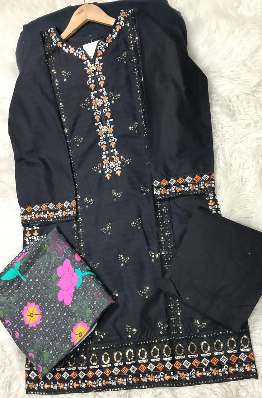 3 PIECE - EMBROIDERED COTTON SUIT WITH SHAWL