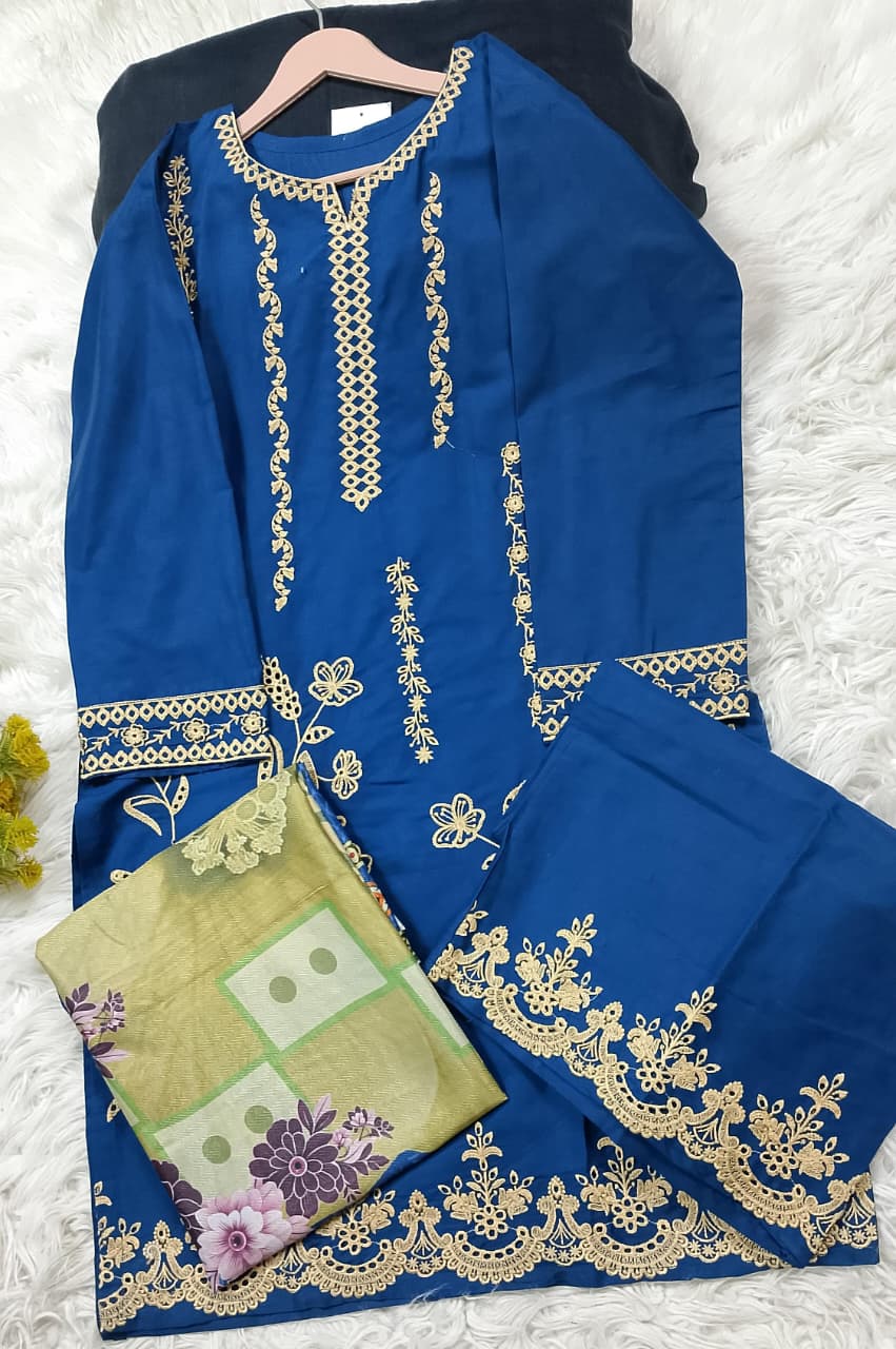 3 PIECE - EMBROIDERED COTTON SUIT WITH SHAWL