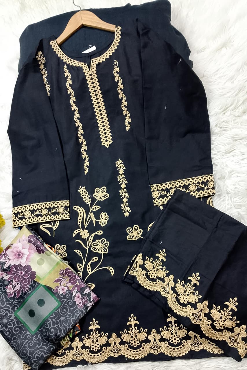 3 PIECE - EMBROIDERED COTTON SUIT WITH SHAWL
