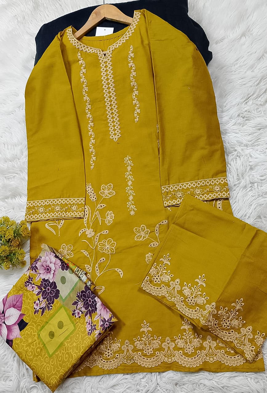 3 PIECE - EMBROIDERED COTTON SUIT WITH SHAWL