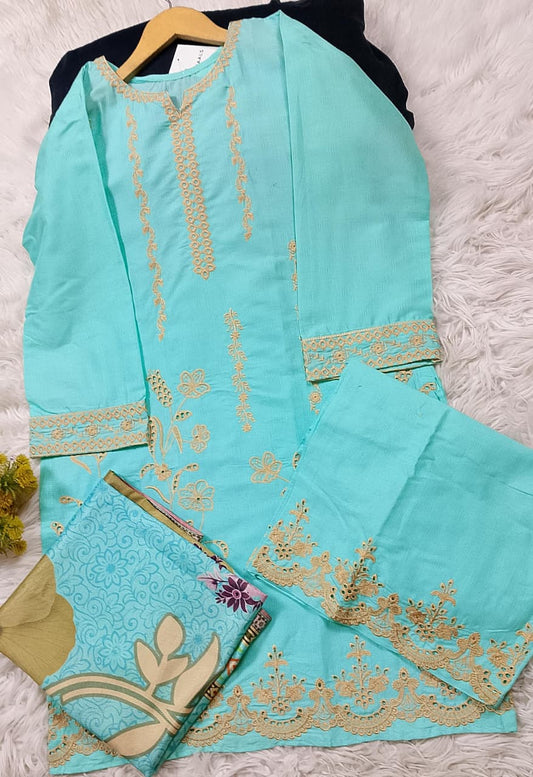3 PIECE - EMBROIDERED COTTON SUIT WITH SHAWL