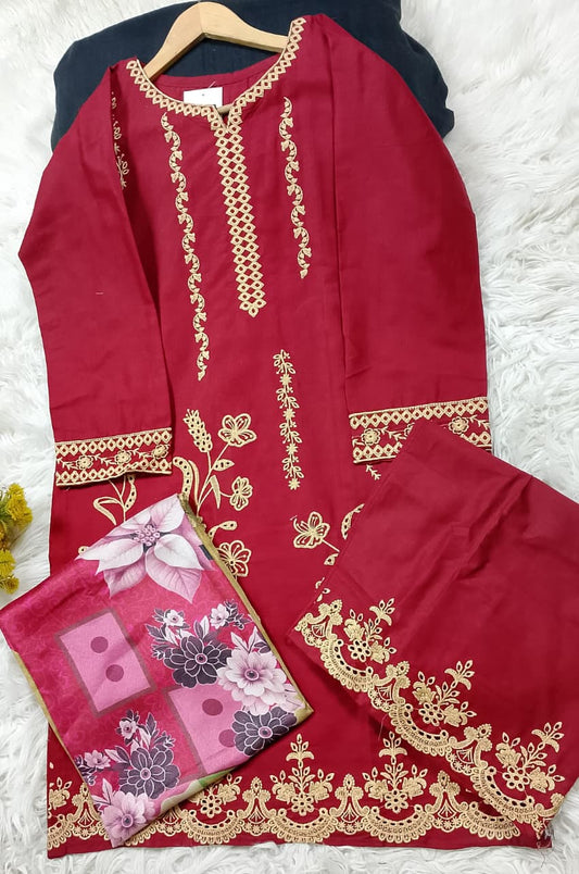 3 PIECE - EMBROIDERED COTTON SUIT WITH SHAWL