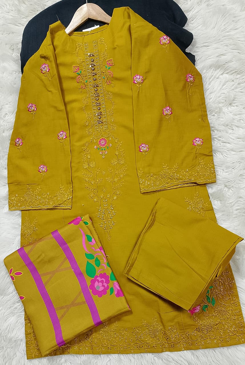 3 PIECE - EMBROIDERED COTTON SUIT WITH SHAWL