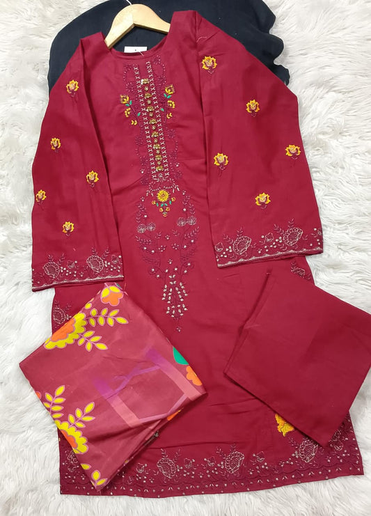 3 PIECE - EMBROIDERED COTTON SUIT WITH SHAWL