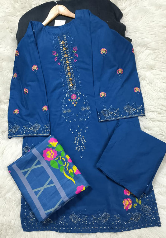 3 PIECE - EMBROIDERED COTTON SUIT WITH SHAWL
