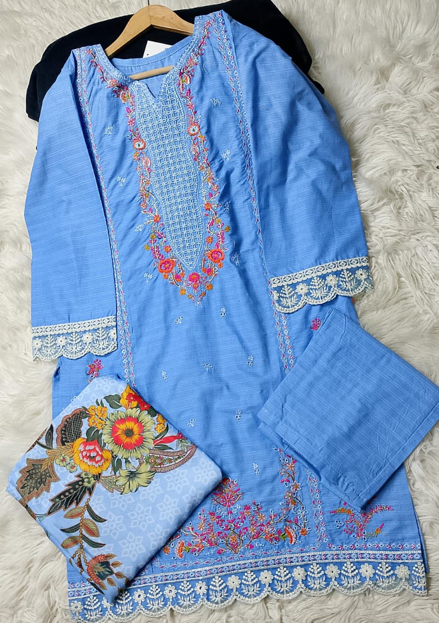 3 PIECE - EMBROIDERED COTTON SUIT WITH SHAWL