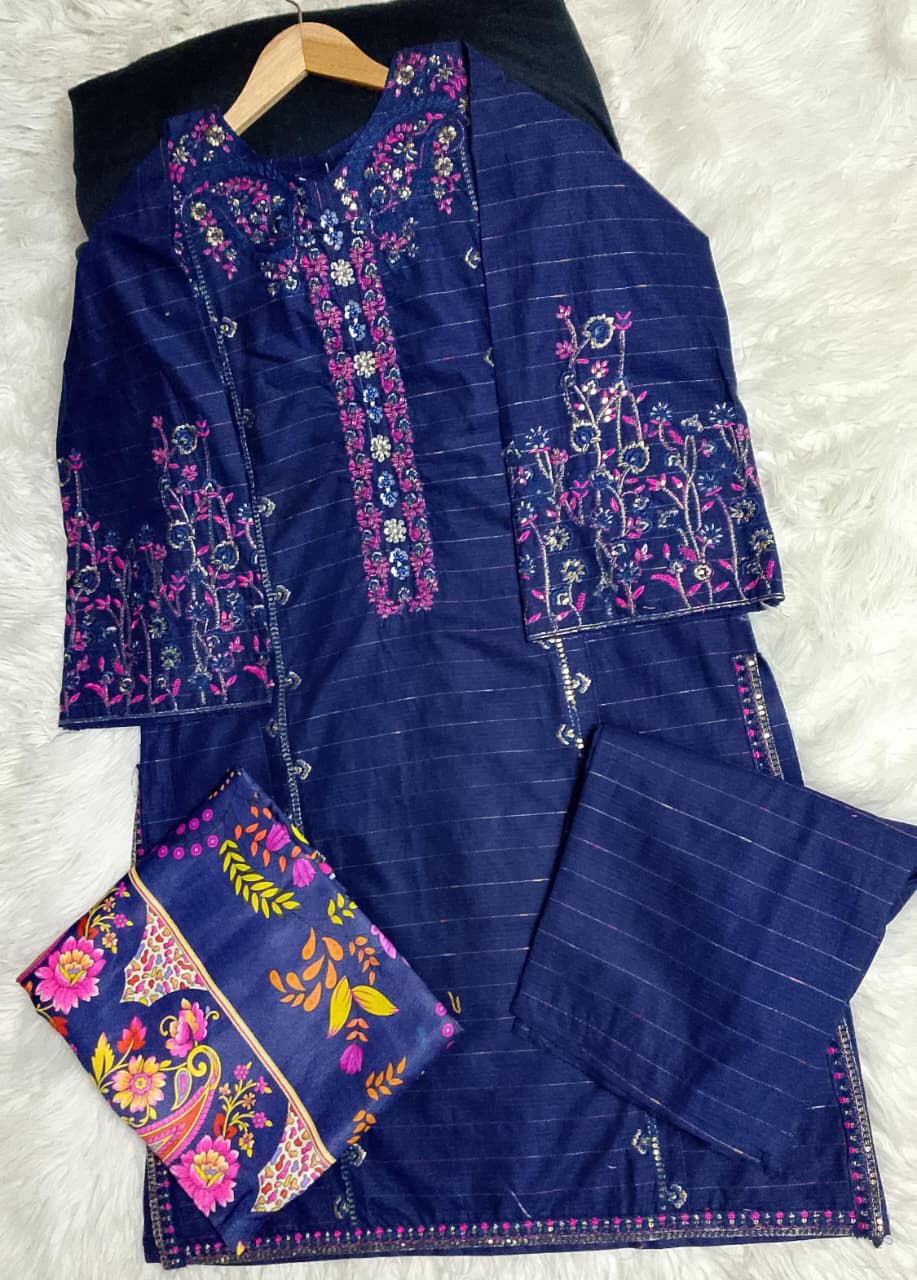 3 PIECE - EMBROIDERED COTTON SUIT WITH SHAWL