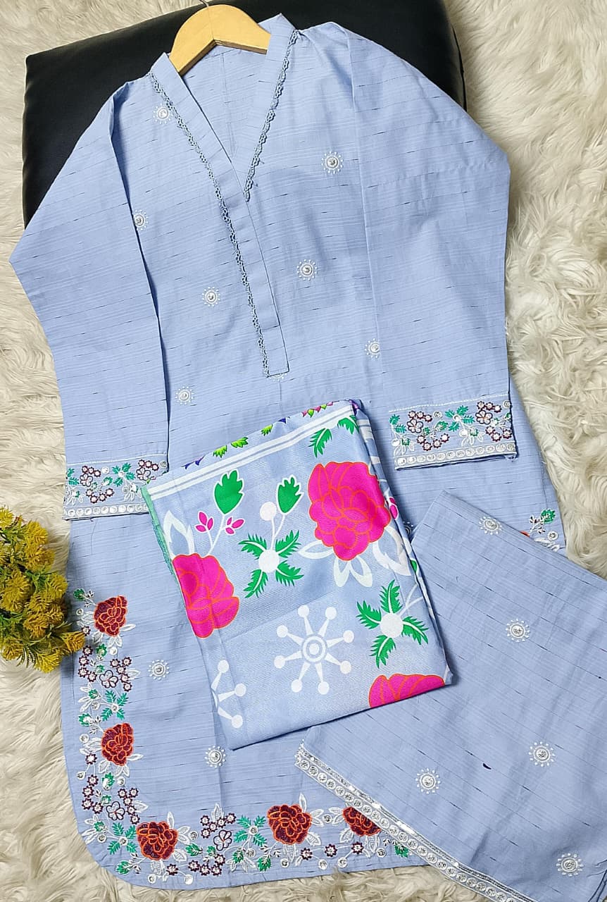 3 PIECE - EMBROIDERED COTTON SUIT WITH SHAWL