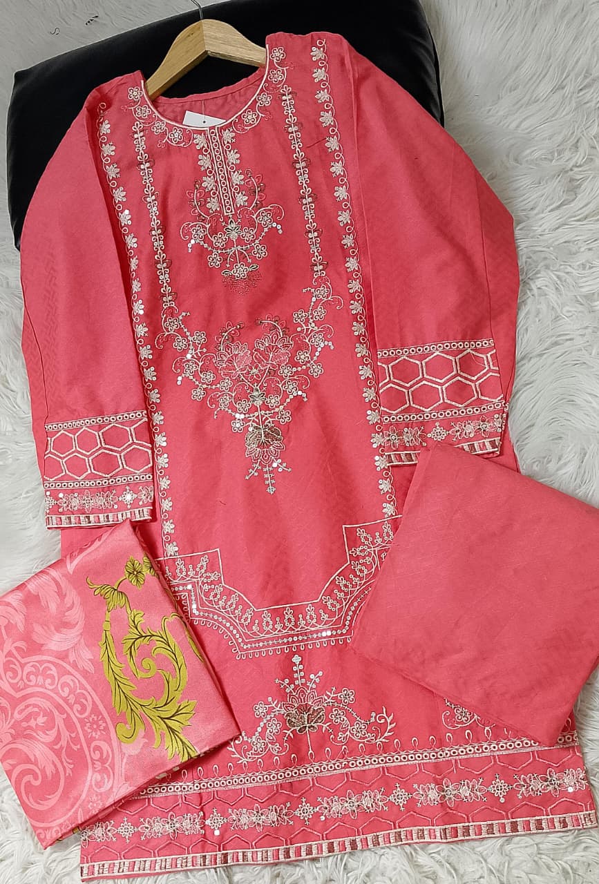 3 PIECE - EMBROIDERED COTTON SUIT WITH SHAWL